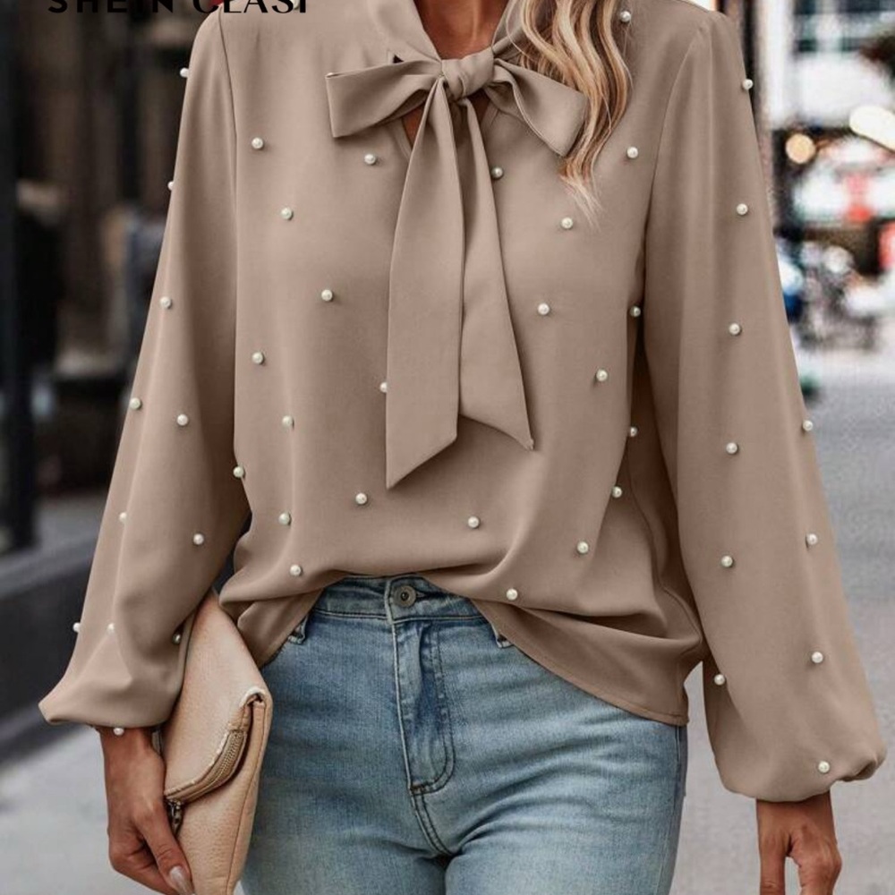 Women's Tan Blouse with Pearl Accents
